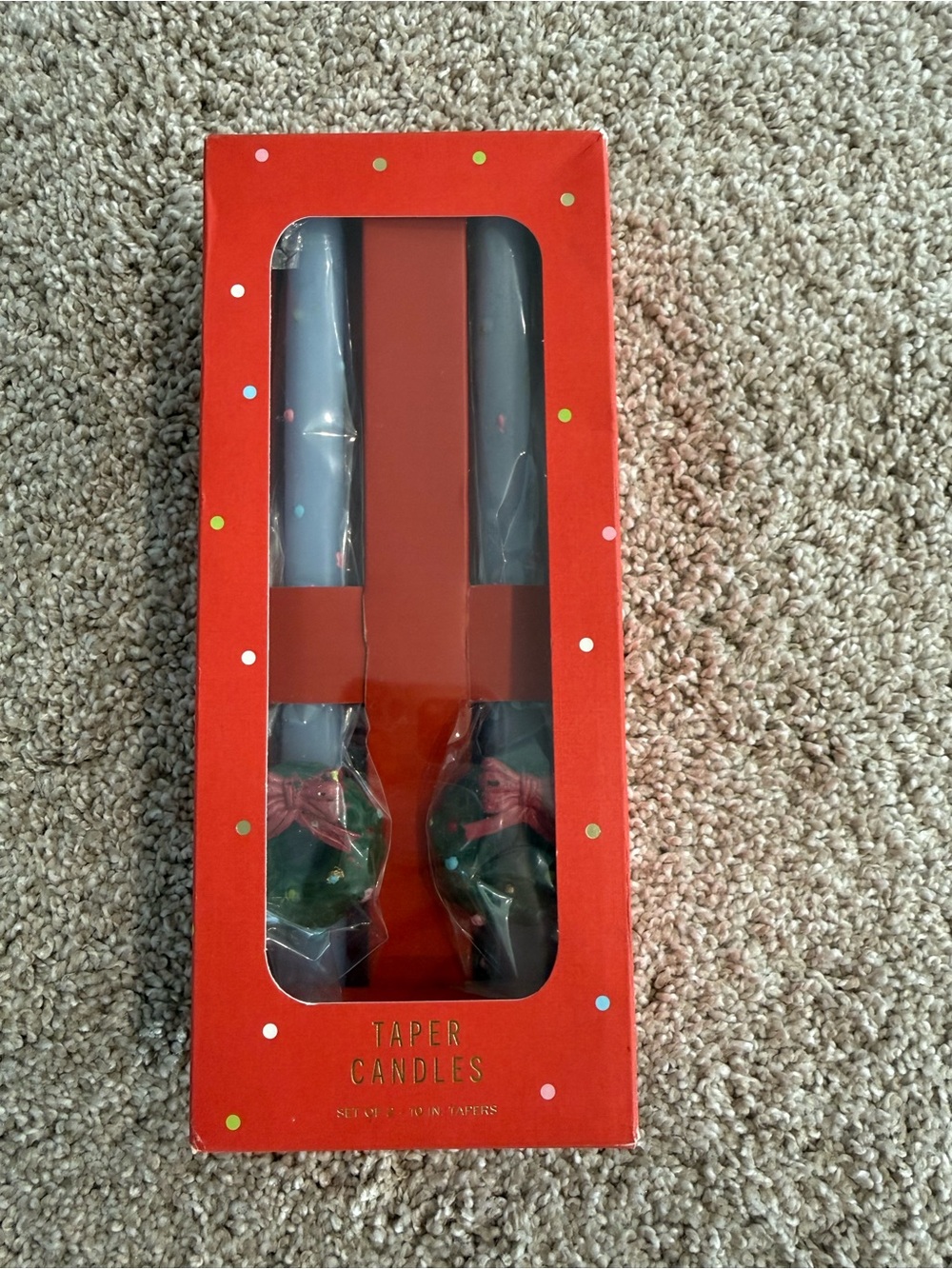 Anthropologie Red Boxed Taper Candles with Green Holders